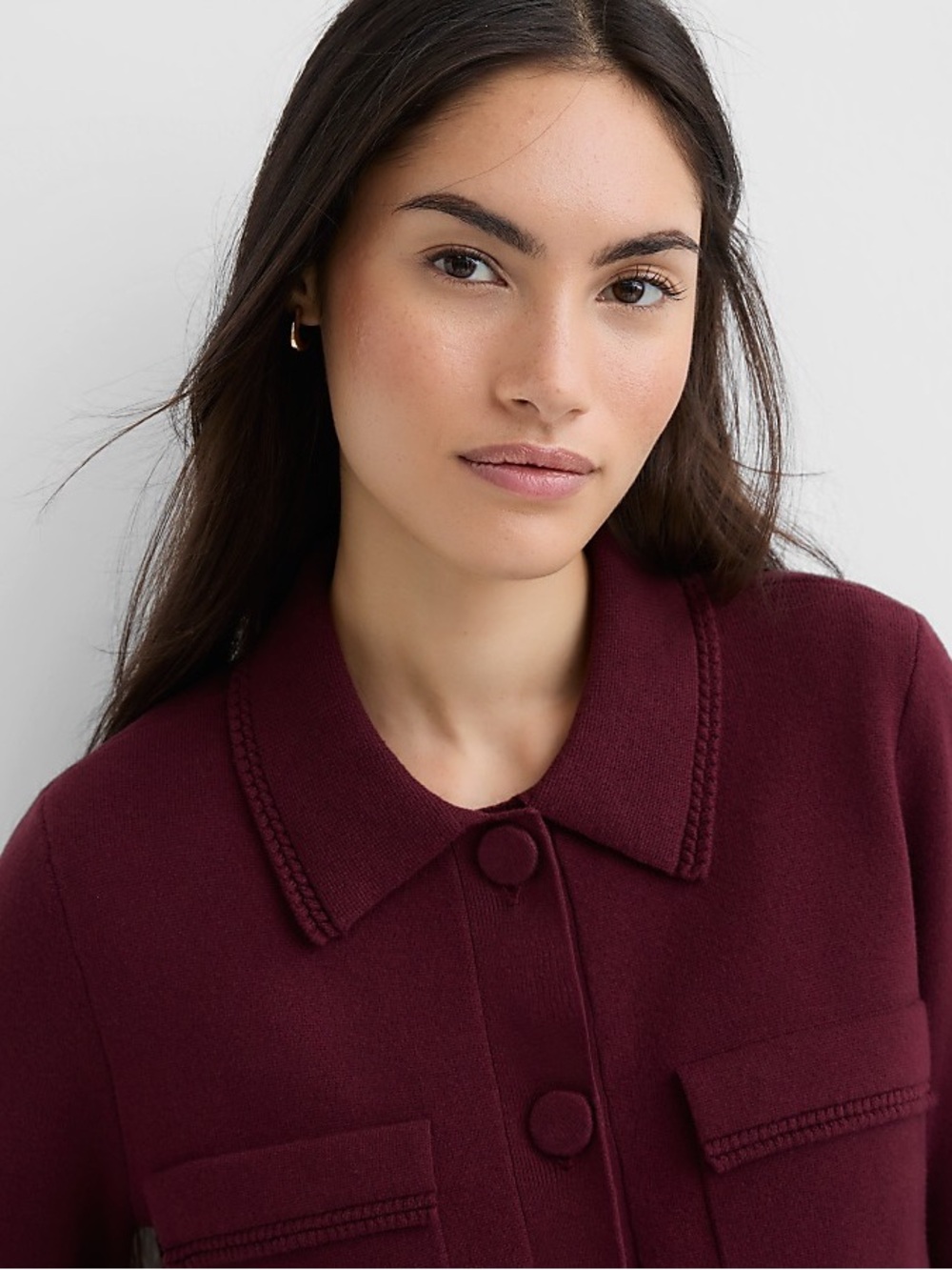 Loft Embroidered Trim Sweater Button-Front Jacket Burgundy Size M - Picture 4 of 11